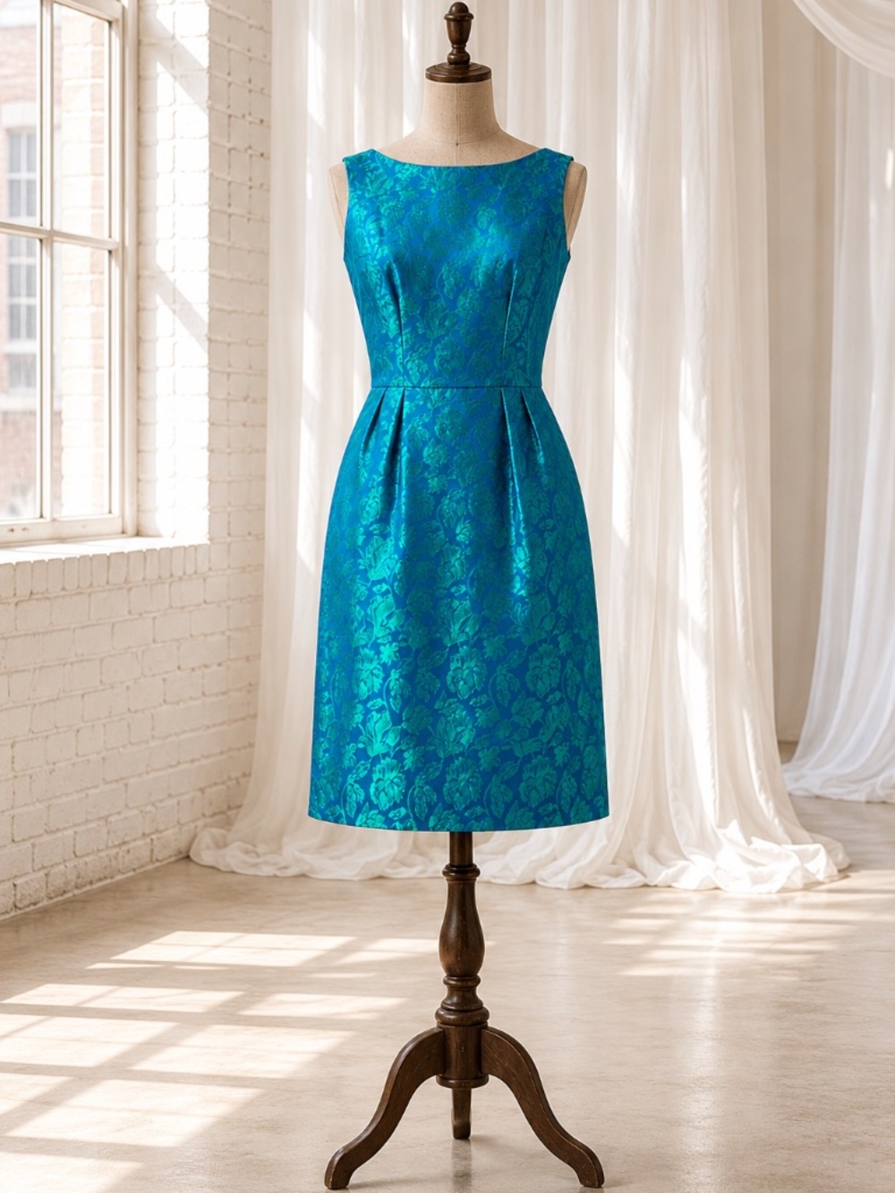 Vintage 1950s / 1960s Silk Satin Brocade Blue Green Floral Wiggle Pinup Dress S